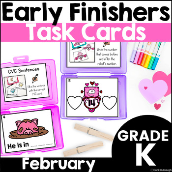 Preview of February Early Finisher Activity Phonics & Math Task Card Boxes for Kindergarten