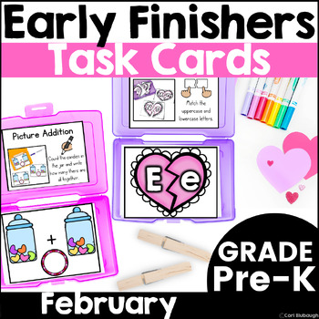 Preview of February Early Finisher Activity Phonics and Math Task Card Boxes for Pre-K