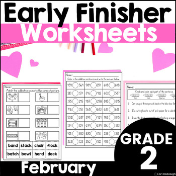 Preview of February Early Finisher Worksheet Winter Phonics and Math Packet for 2nd Grade