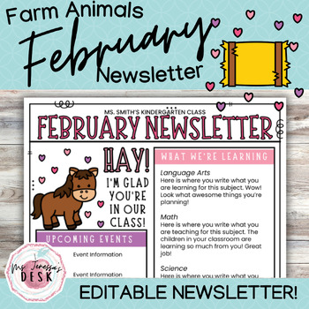 Preview of February Farm Animals Newsletter Template *Editable: Horse