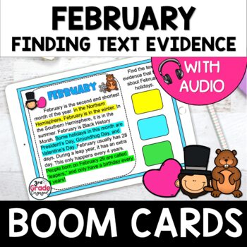 Preview of February Finding Citing Text Evidence Reading Boom Cards Task Cards with Audio