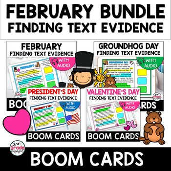 Preview of February Finding Text Evidence Task Cards Digital Reading Boom Cards Bundle