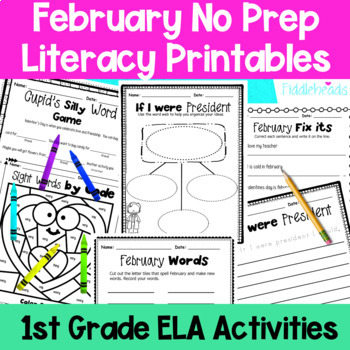 Preview of February First Grade No Prep Literacy Worksheet Packet + TpT EASEL Activity