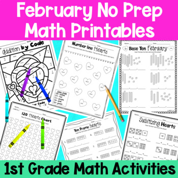 Preview of February First Grade No Prep Math Worksheet Packet + TpT EASEL Activity