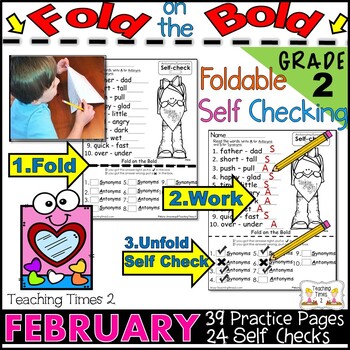 Preview of February FOLD ON THE BOLD (2nd Grade) Self Checking Math & Literacy Packet