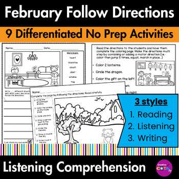 Preview of Following Directions & Listening Comprehension Skills February Coloring Pages