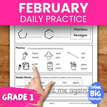 Preview of February First Grade Spiral Math & Phonics Daily Practice