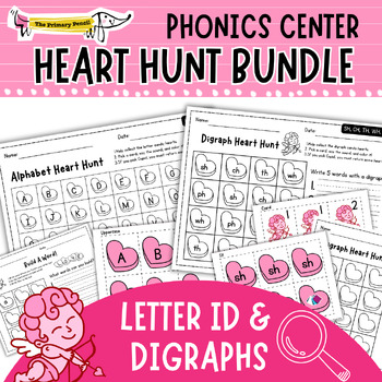 Preview of February Heart Hunt Phonics Center Bundle | Valentine's Day Digraph & Letter ID