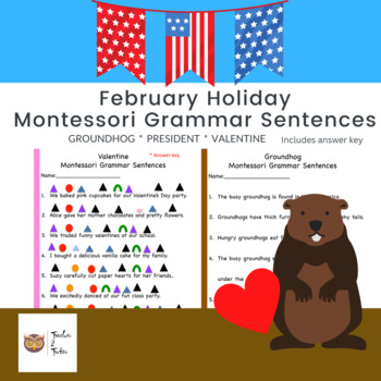 Preview of February Holiday Montessori Grammar Sentences