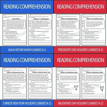 Preview of February Holidays Reading Comprehension Passages Bundle (Grades K-2)