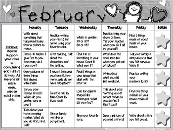 february homework calendar kindergarten