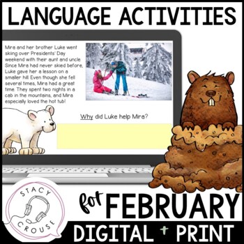 Preview of February Language Activities for Speech Therapy Printable Worksheets + Digital