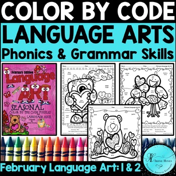 Preview of Valentine's Day Color By Code Phonics & Grammar Worksheets For 1st & 2nd Grade