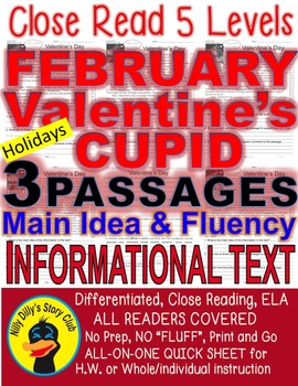 Preview of Valentine's Day, Cupid, February Leap Yr FACTS 5 Level Passages Close Read