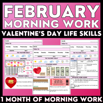 Preview of February Morning Work - Valentine's Day Life Skills - Special Ed Worksheets