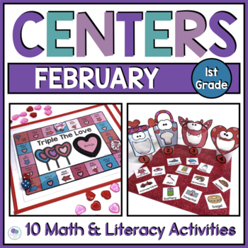 Preview of First Grade Math And Literacy Centers Valentine Theme Games And Activities