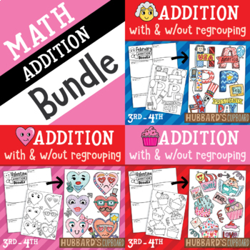 Preview of Valentine's Day Math ADDITION w/ Regrouping / Activities Worksheets Craft Center