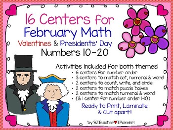 Preview of February Math Centers for Numbers 10-20 - Valentines & Presidents themes