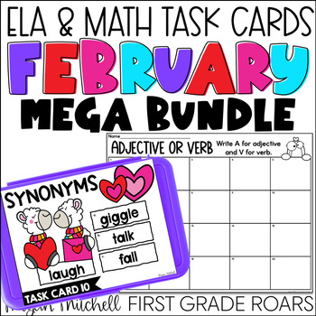 Preview of February Math & ELA Task Card Activities Centers, Scoot, & Morning Tubs