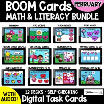 Preview of February Math & Literacy BOOM Cards BUNDLE | Digital Games | Valentine Theme