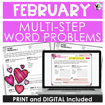 Preview of February Math MULTISTEP Word Problems for 3rd Grade