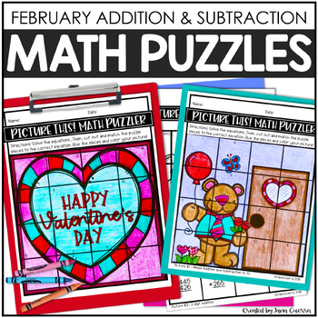 Preview of February Math Puzzles Valentine's Day Addition Subtraction Activities Worksheets