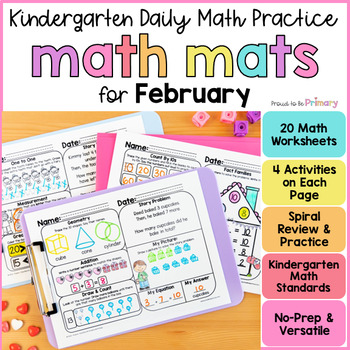 Preview of February Valentine Math Worksheets Kindergarten No-Prep Daily Math Spiral Review