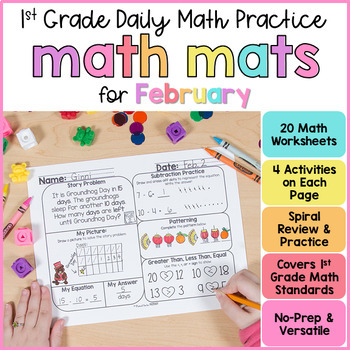 Preview of February Valentine Math Worksheets 1st Grade No-Prep Daily Math Spiral Review