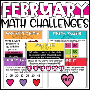 Preview of February Math Challenges for 2nd Grade - Valentine Math Activities