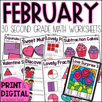 Preview of Valentine's Day Math Worksheets 2nd Grade | 30 No Prep February Math Activities