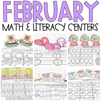 Preview of February Math and Literacy Centers and Activities Kindergarten (Valentine's Day)