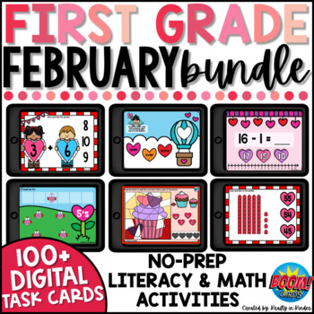 Preview of Valentine's Day First Grade Math and Literacy Centers February Boom Cards