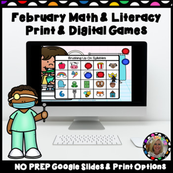 Preview of February Math and Literacy Print AND Digital Games for Google Slides