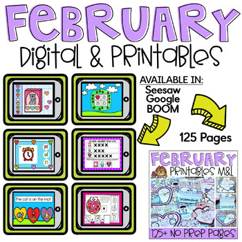 Preview of February Math & Literacy Worksheets & Digital Cards Kindergarten Valentine's Day