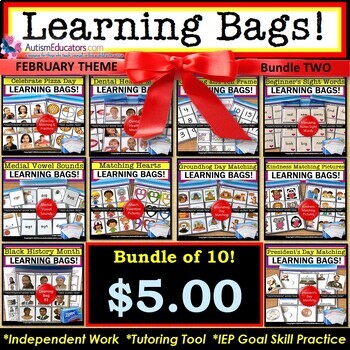 Preview of February Math and Reading Learning Bags for Special Education and Autism
