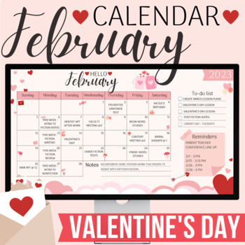 Preview of February Monthly Calendar | Valentine's Day Themed | No-Prep!
