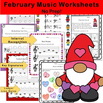 Preview of February Music Worksheet, Including Valentines, Groundhog's and Presidents Day