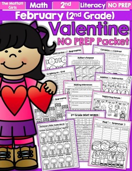 Preview of February NO PREP Math and Literacy (2nd Grade) Valentine's Day