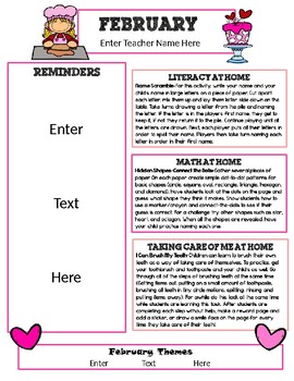Preview of February Newsletter Template with Home Connections for Preschool