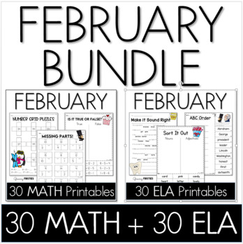 Preview of February No Prep Bundle First Grade Valentines Presidents Groundhog Math and ELA