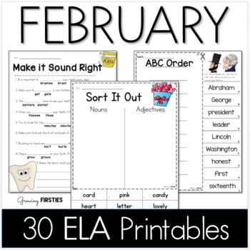 Preview of February No Prep ELA First Grade Valentines Presidents Printables