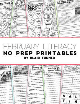 Preview of February NO PREP Literacy Printables