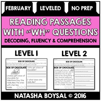 Preview of February Reading Comprehension Passages with "WH" Questions (Leveled)