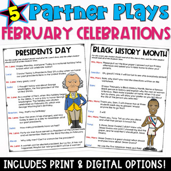 Preview of February Reading Activity: 5 Partner Play Scripts with Comprehension Worksheets