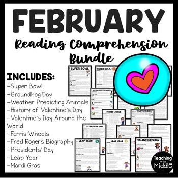 Preview of February Reading Comprehension Bundle Valentine Mardi Gras Presidents Day
