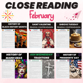 Preview of February Reading Comprehension Passages | February Holidays Close Reading