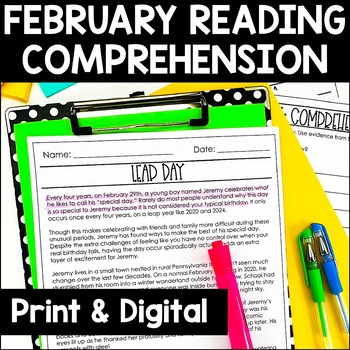 Preview of February Reading Comprehension Passages | Monthly Reading Passages | Valentines