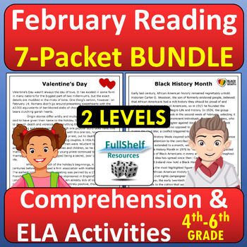 Preview of February Reading Passages Comprehension Questions Activities 4th 5th 6th Grade
