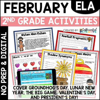 Preview of February Reading Writing Activities Worksheets 2nd Grade No Prep Digital Bundle