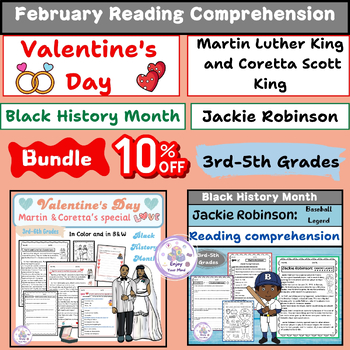 Preview of February Reading comprehension : BHM ( Jackie Robinson) + Valentine's Day ( MLK)